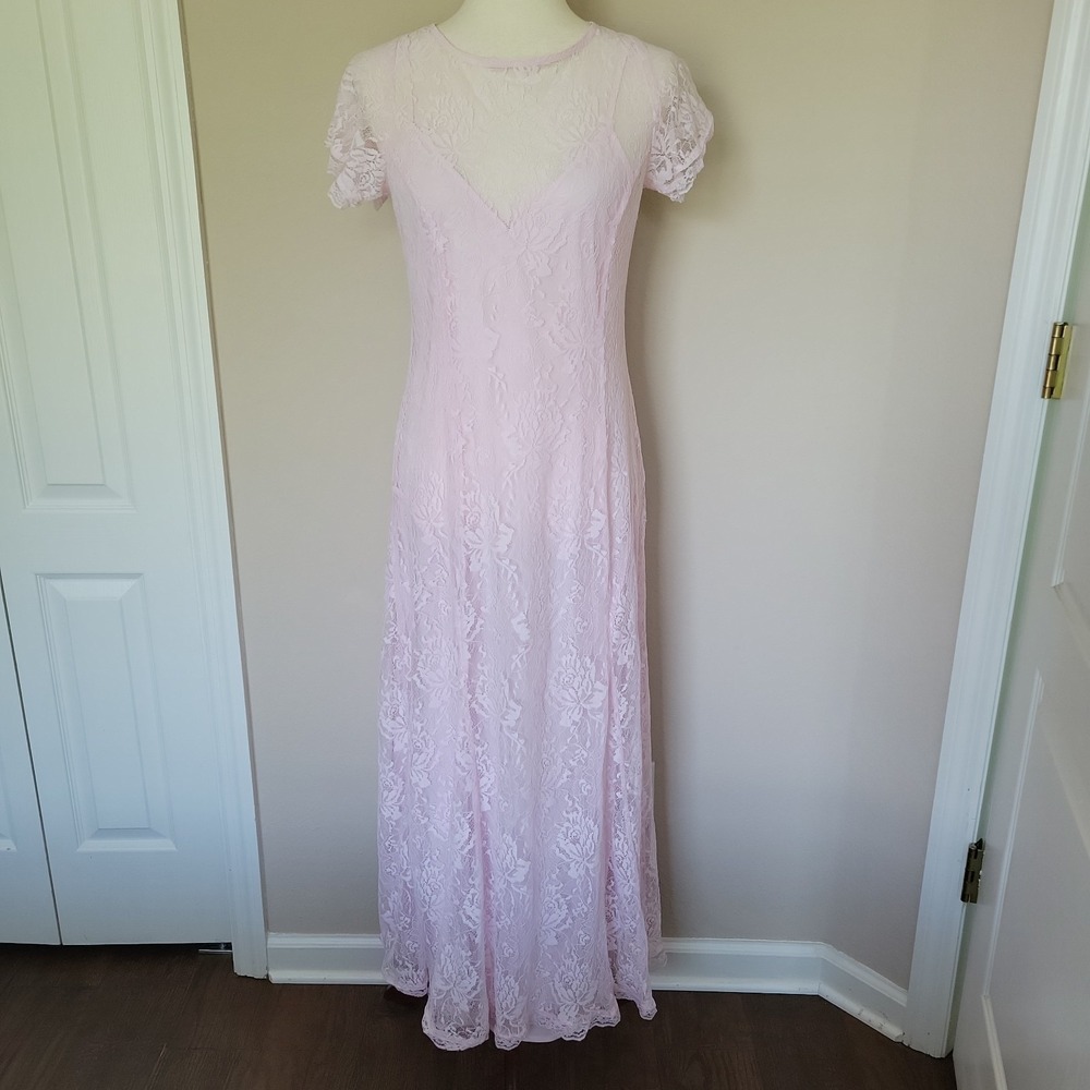 Reclaimed Vintage Pink Lace Maxi Slip Dress Size 8 Whimsigoth Fairy Grunge Sheer